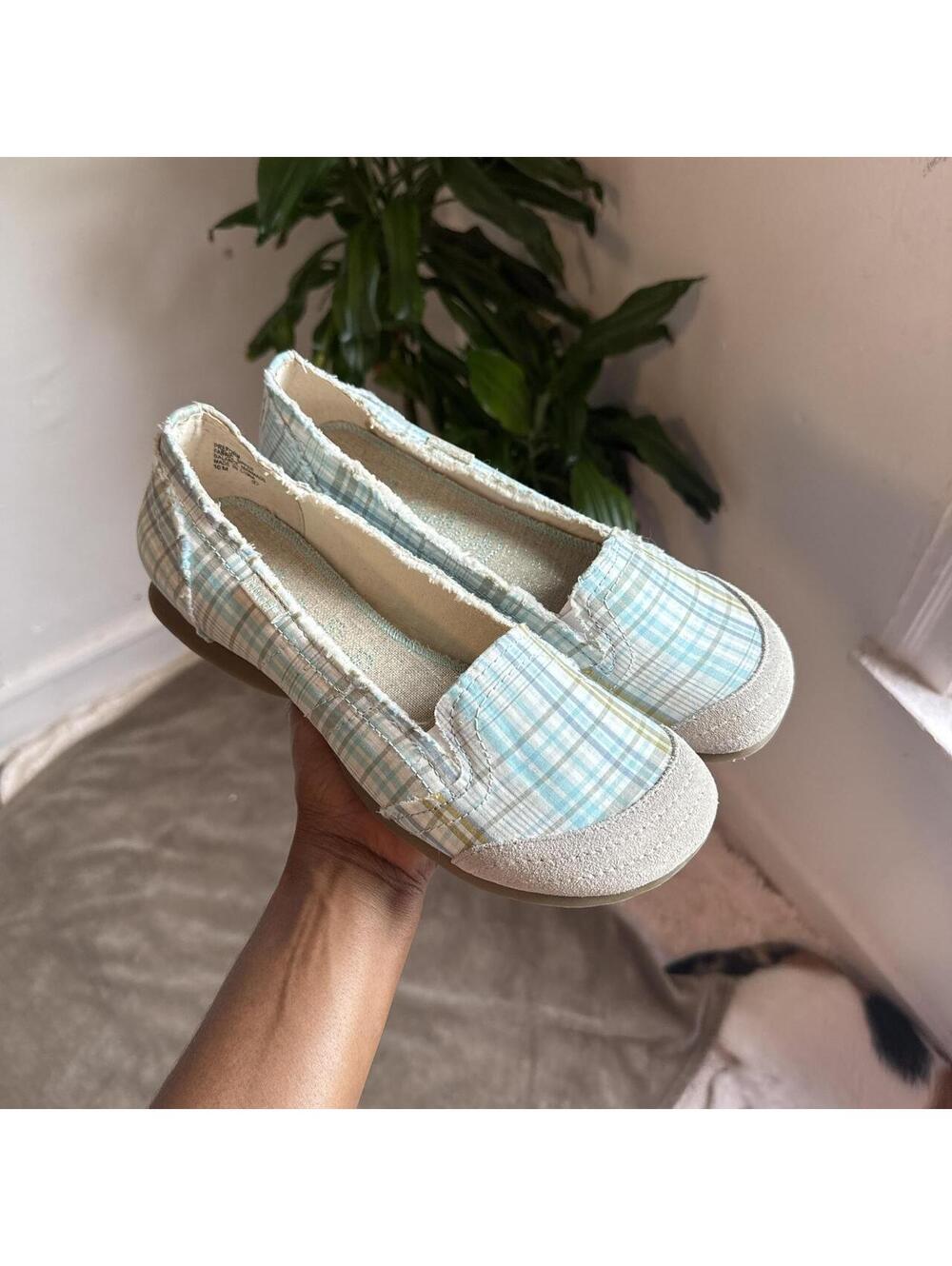 Y2K Mudd Plaid blue Slip On Loafers Raw Edge Canvas Flats size 10